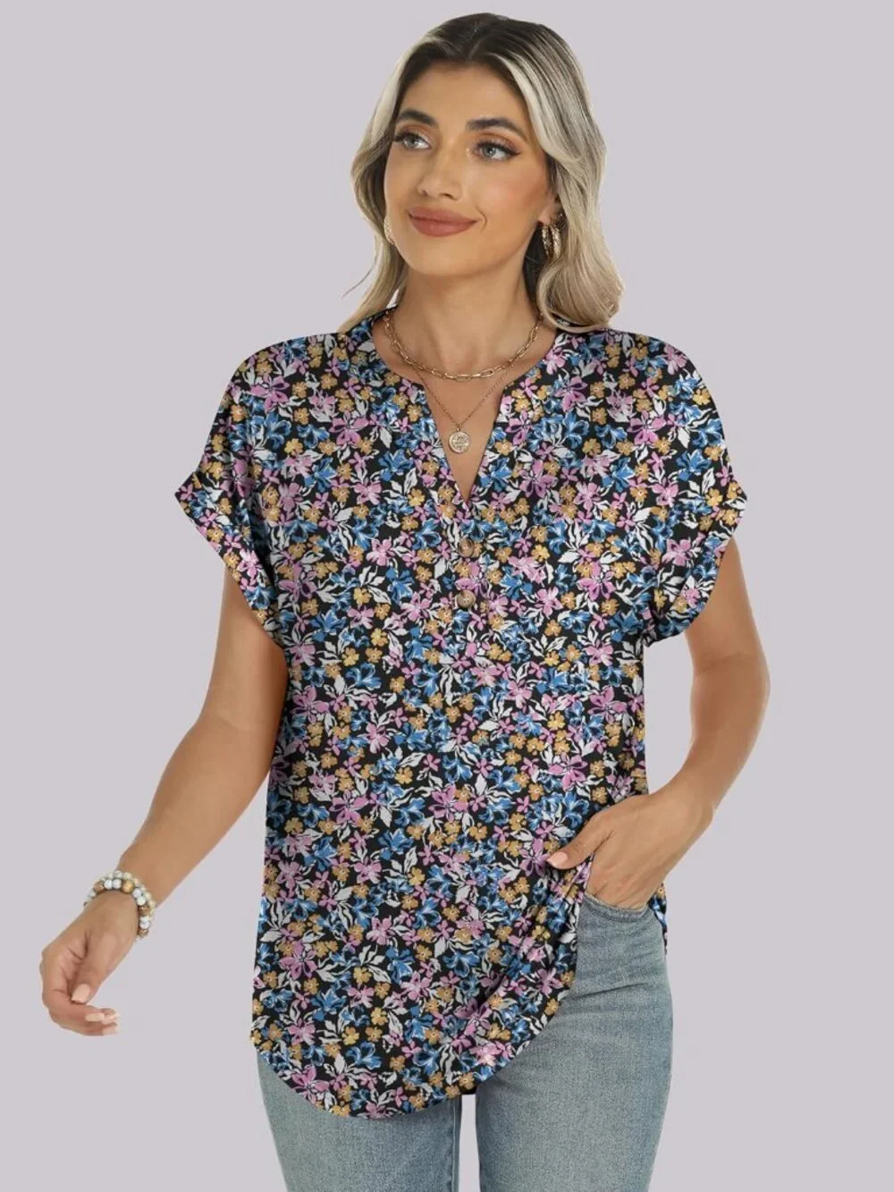 Women's Blue Purple Summer Short Sleeve Henley V Neck Dressy Fashion Top Blouses - Picture 6 of 6